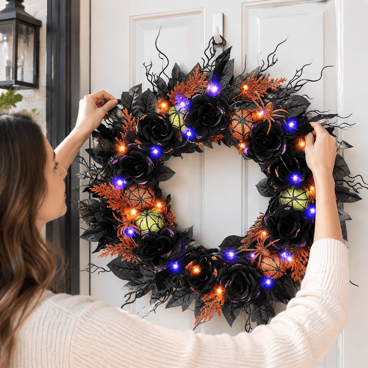 22 Inches Pre-Lit Light Up Halloween Wreath for Front Door, 60 LED Lights