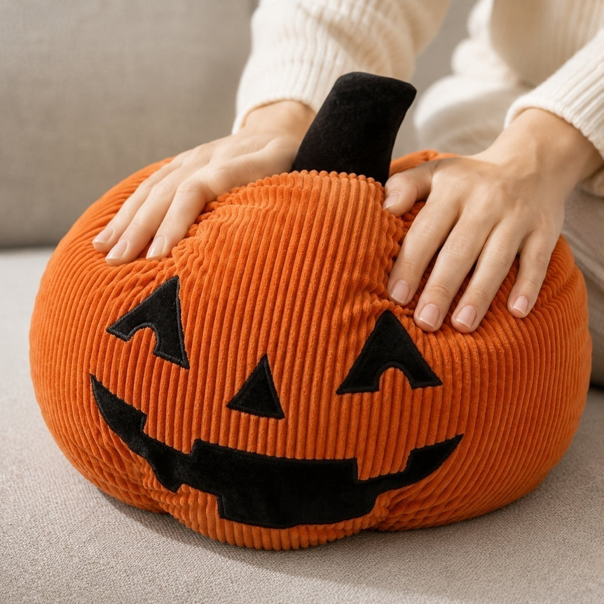 Corduroy Jack-o'-Lantern Throw Pillow, 11" Fabric Pumpkin Tabletop Mantel Shelf Fall Autumn Thanksgiving Halloween Decorations for Home, Terracotta Orange Corduroy