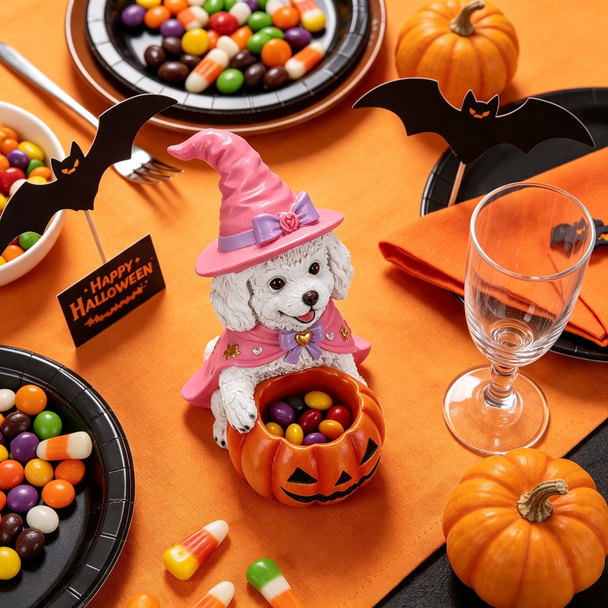 Halloween Witch Puppy Resin Figurine, White Teddy Dog with Pumpkin Candy Bowl for Home Tabletop Decor