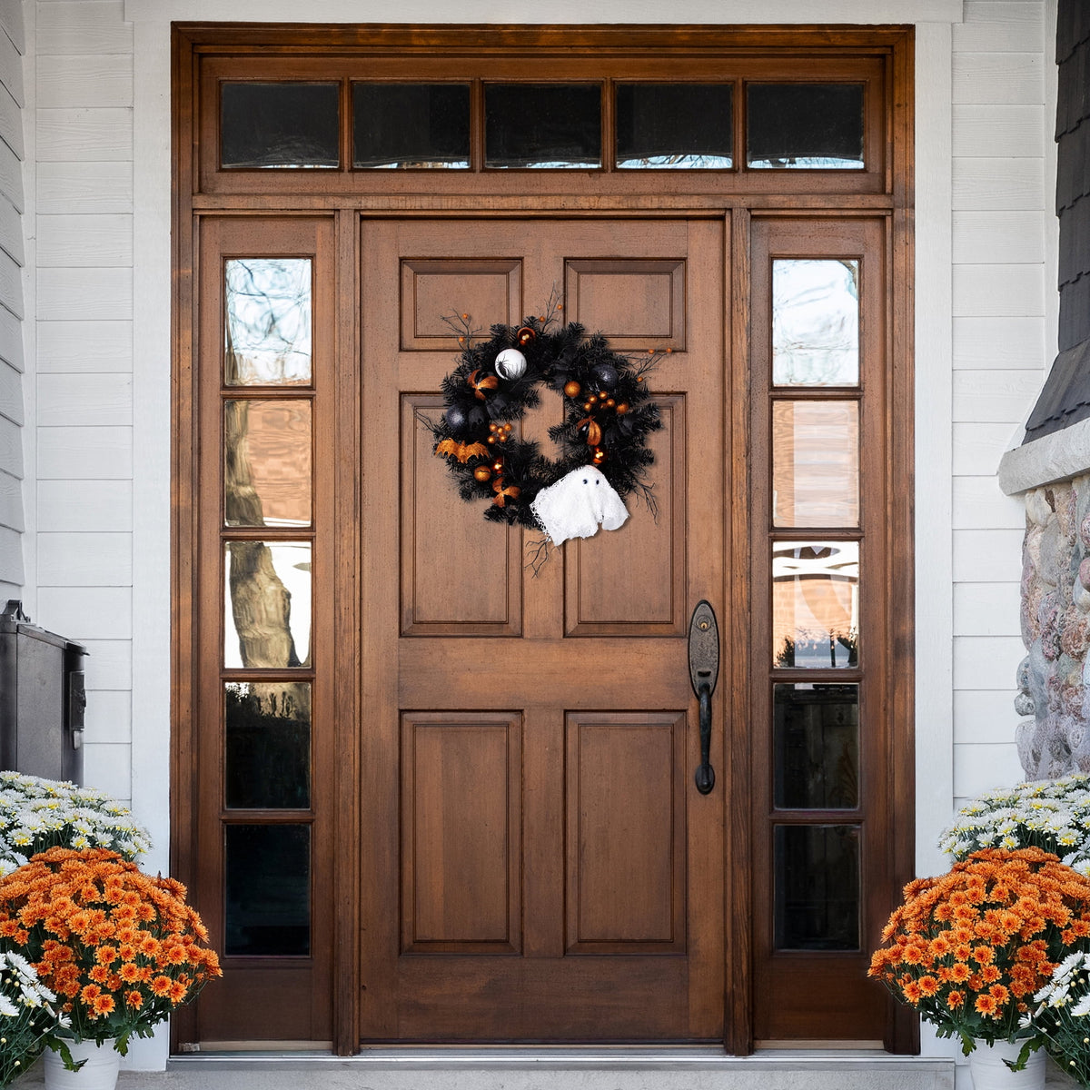 Northlight Ornaments and Ghost Halloween Twig Pine Wreath - 24" - Orange and Black - Unlit
