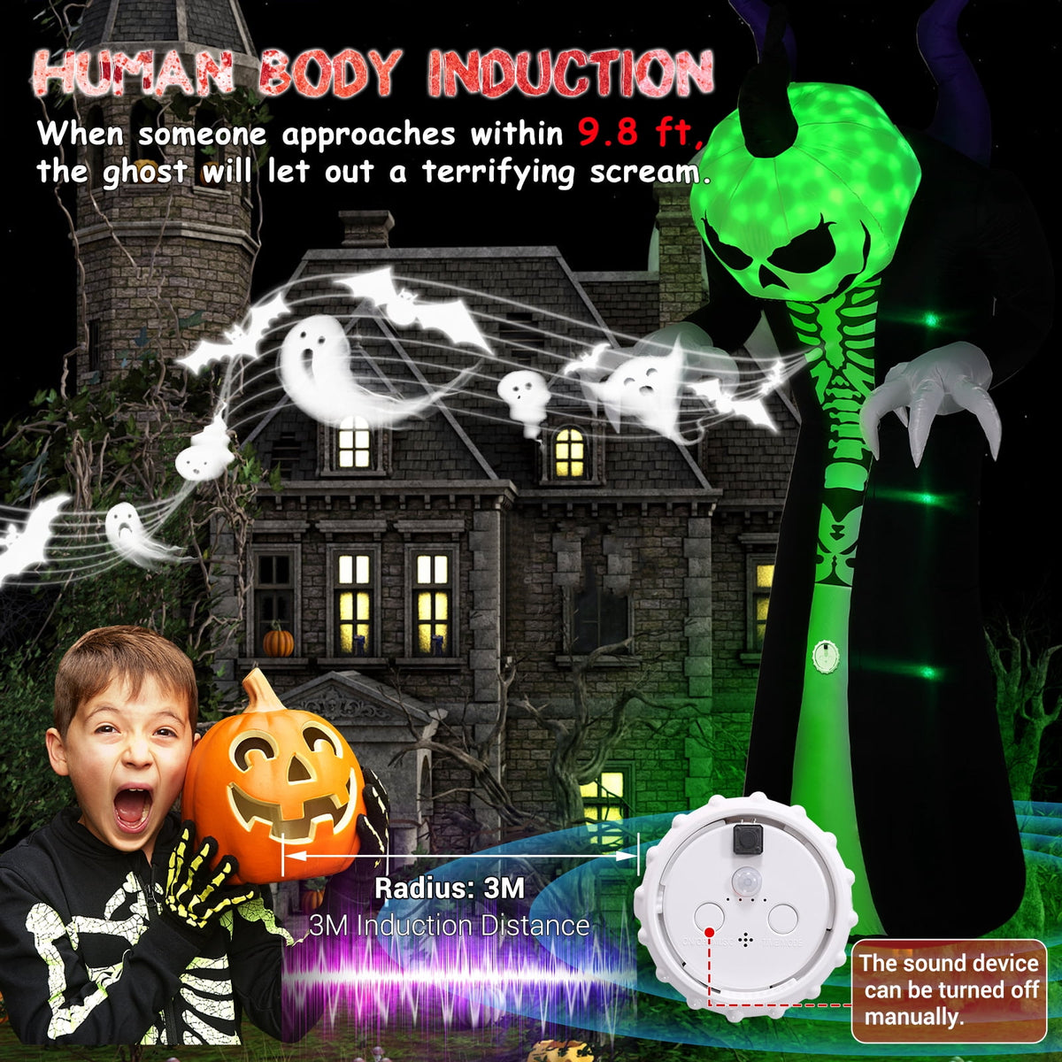 10FT Halloween Inflatable Outdoor Decoration 7 Color RGB Light, Scream Sound Grim Reaper Ghost Halloween Inflatables with Pumpkin Head, Blow Up Yard Decorations for Holiday Party Garden
