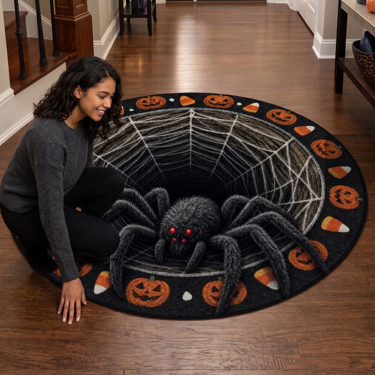 3D Halloween Spider Rug Round, Non-Slip Illusion Doormat with Pumpkin Candy Corn, Scary Web Floor Mat for Front Door Entryway Living Room Indoor Holiday Decor Party Props