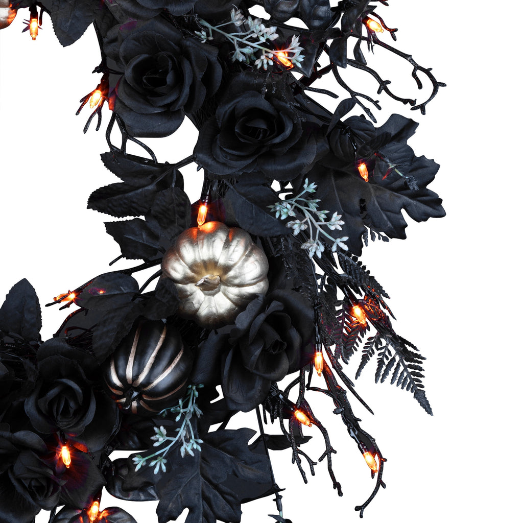 24 in. Artificial Chic Eek Black and Gold Halloween Wreath, 40 Orange LED Lights, Battery Operated