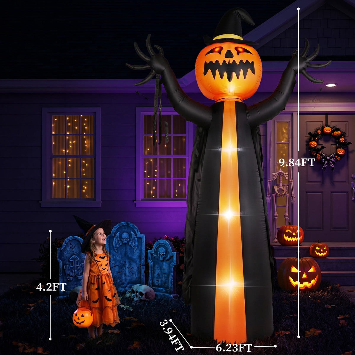 10 ft Halloween Inflatable Pumpkin Reaper Yard Decoration with Built-In Lights