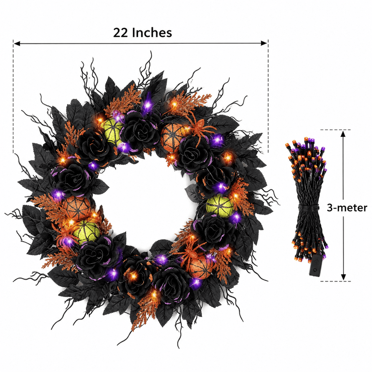 22 Inches Pre-Lit Light Up Halloween Wreath for Front Door, 60 LED Lights