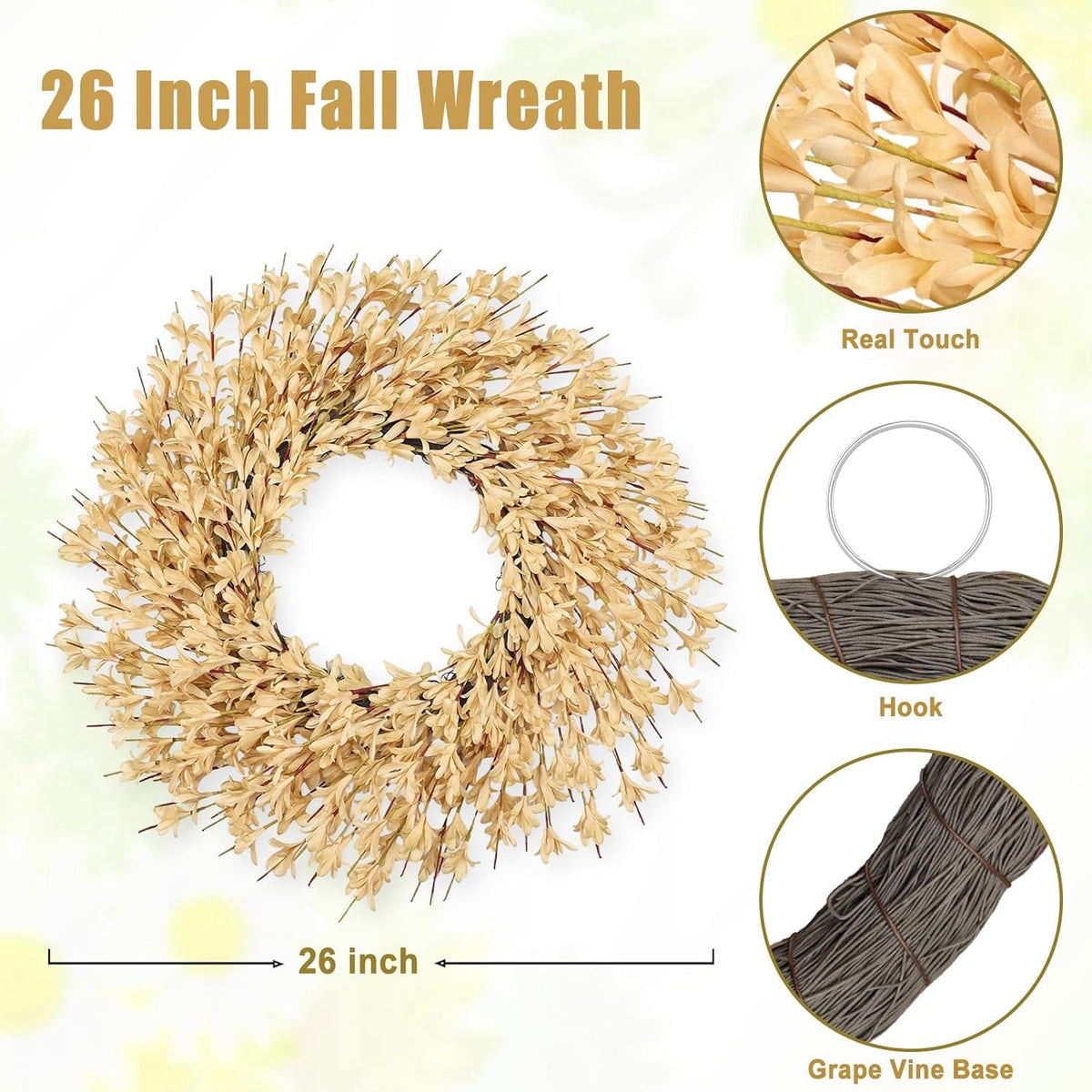 26 Inch Realistic Fall Wreaths for Front Door Outside Autumn Wreath Outdoor Indoors Fall Decorations for Home Thanksgiving Halloween Holiday Decorations Clearance for Wall Porch Door (Wheat)