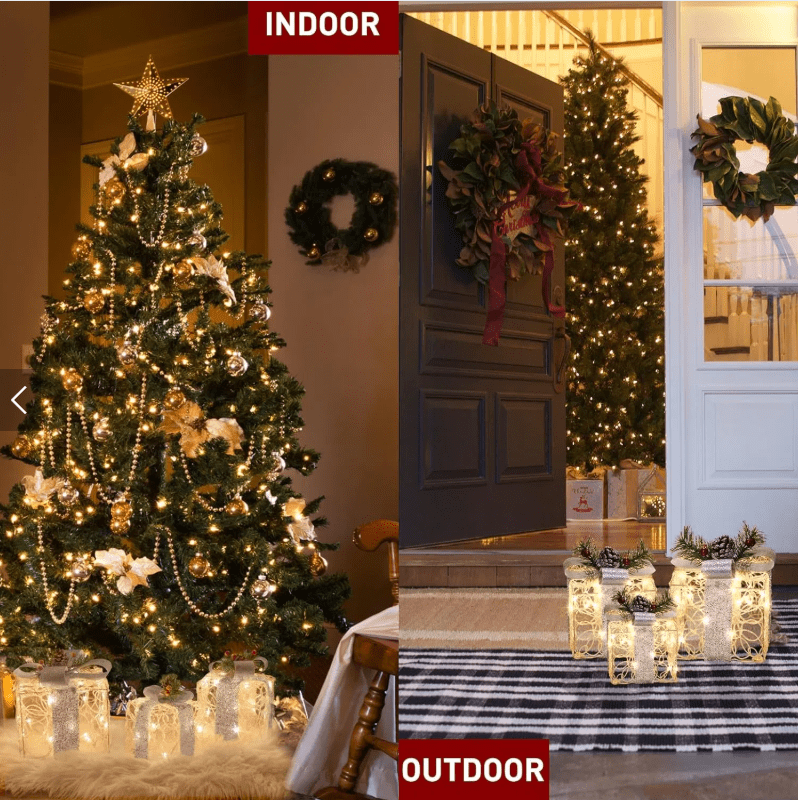 White Christmas Decorations, Set of 3 Christmas Lighted Gift Boxes, 48 LED Light Up Present Boxes for Indoor Outdoor Party Yard Home Holiday Decorations (White and Silver)