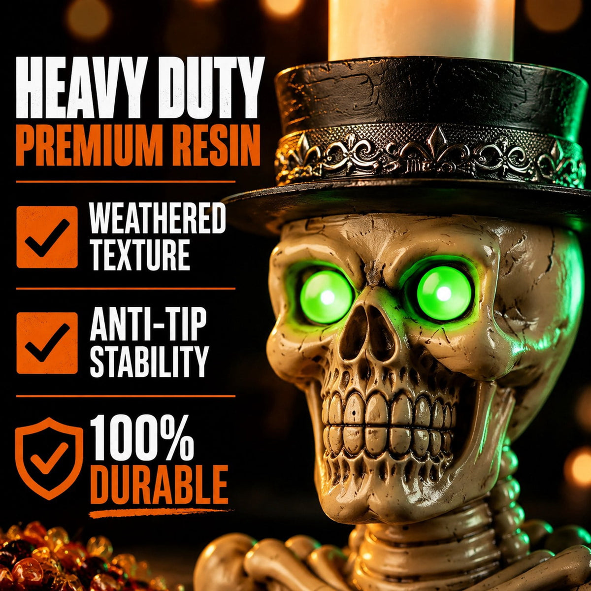 Skeleton Candy Bowl Light Up Green Eyes Top Hat Candle Holder