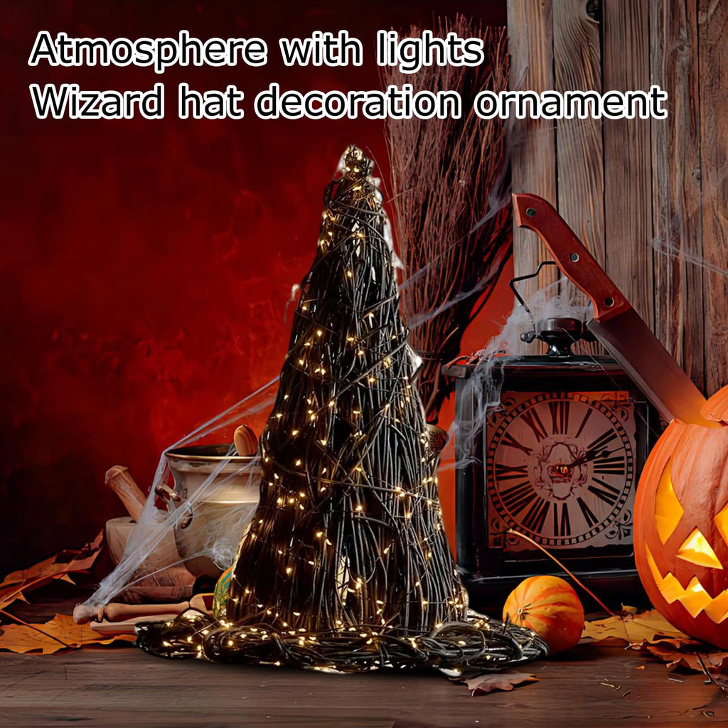 1PC Halloween Rattan Witch Hat Decor with String Lights, Cottagecore Halloween Wicker Wizard Hats Woven Witch Hat, Chic Halloween Party Supplies Home Bedroom Garden Patio Backyard Decoration