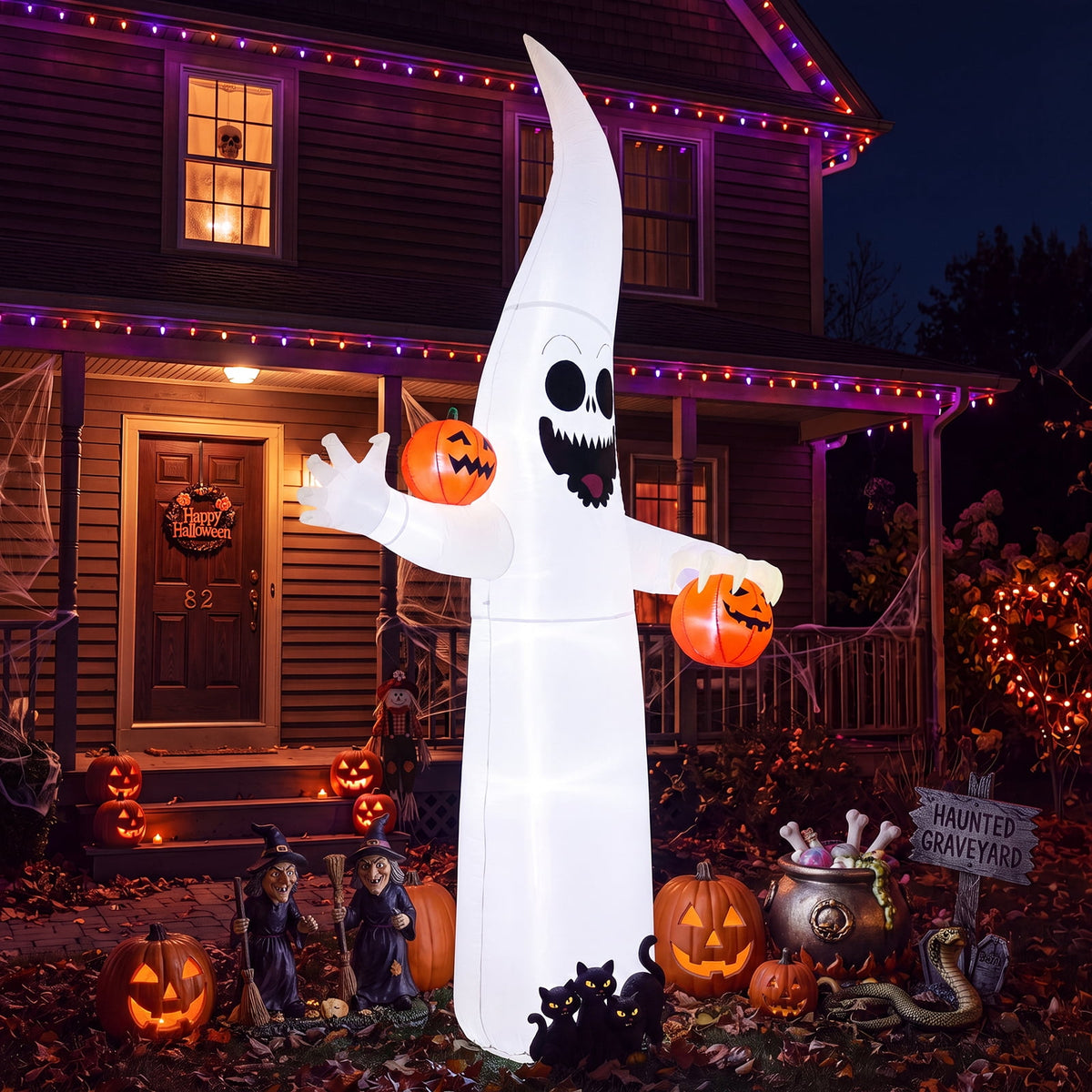 VETPW 10FT Large Halloween Inflatable Archway Decoration, Halloween Blow Up Lighted Archway with Ghost & Black Cat & Cornucopia, Trick & Treat Yard Garden Patio Lawn Outside Decor