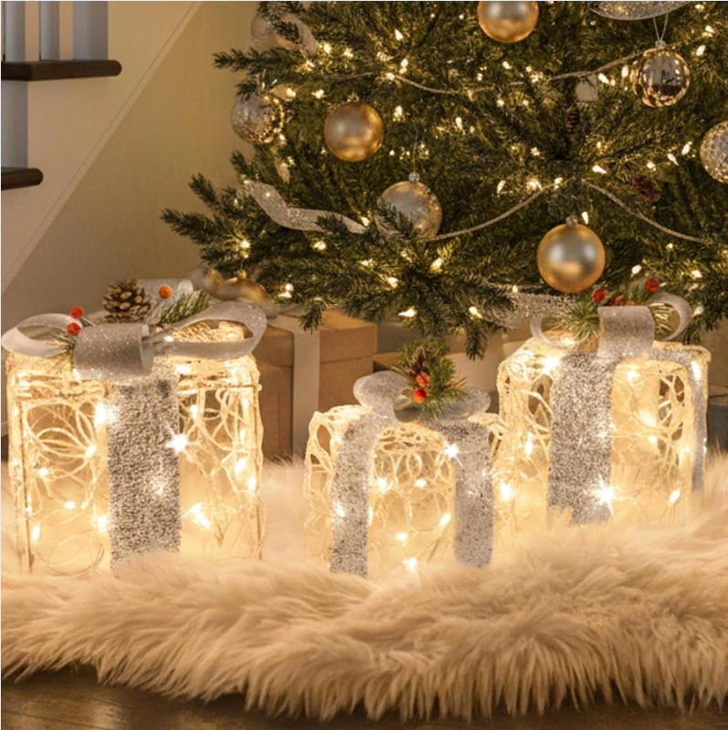 White Christmas Decorations, Set of 3 Christmas Lighted Gift Boxes, 48 LED Light Up Present Boxes for Indoor Outdoor Party Yard Home Holiday Decorations (White and Silver)