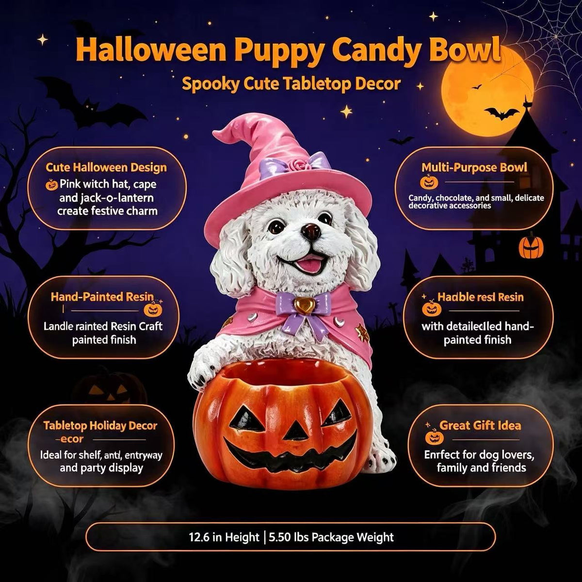 Halloween Witch Puppy Resin Figurine, White Teddy Dog with Pumpkin Candy Bowl for Home Tabletop Decor