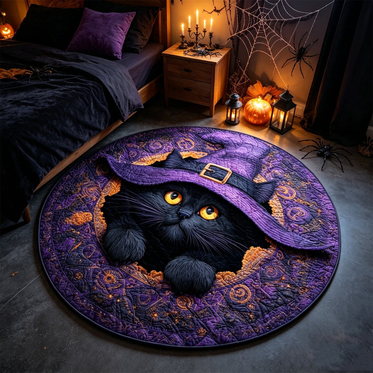 2Pcs 3D Round Halloween Doormat Set â Witch Hat Black Cat & Pumpkin Skull Design, Non- Polyester Entry Mat For Indoor/Outdoor, Spooky Cute Fall Decor, Gift For Halloween Lovers (91X91")