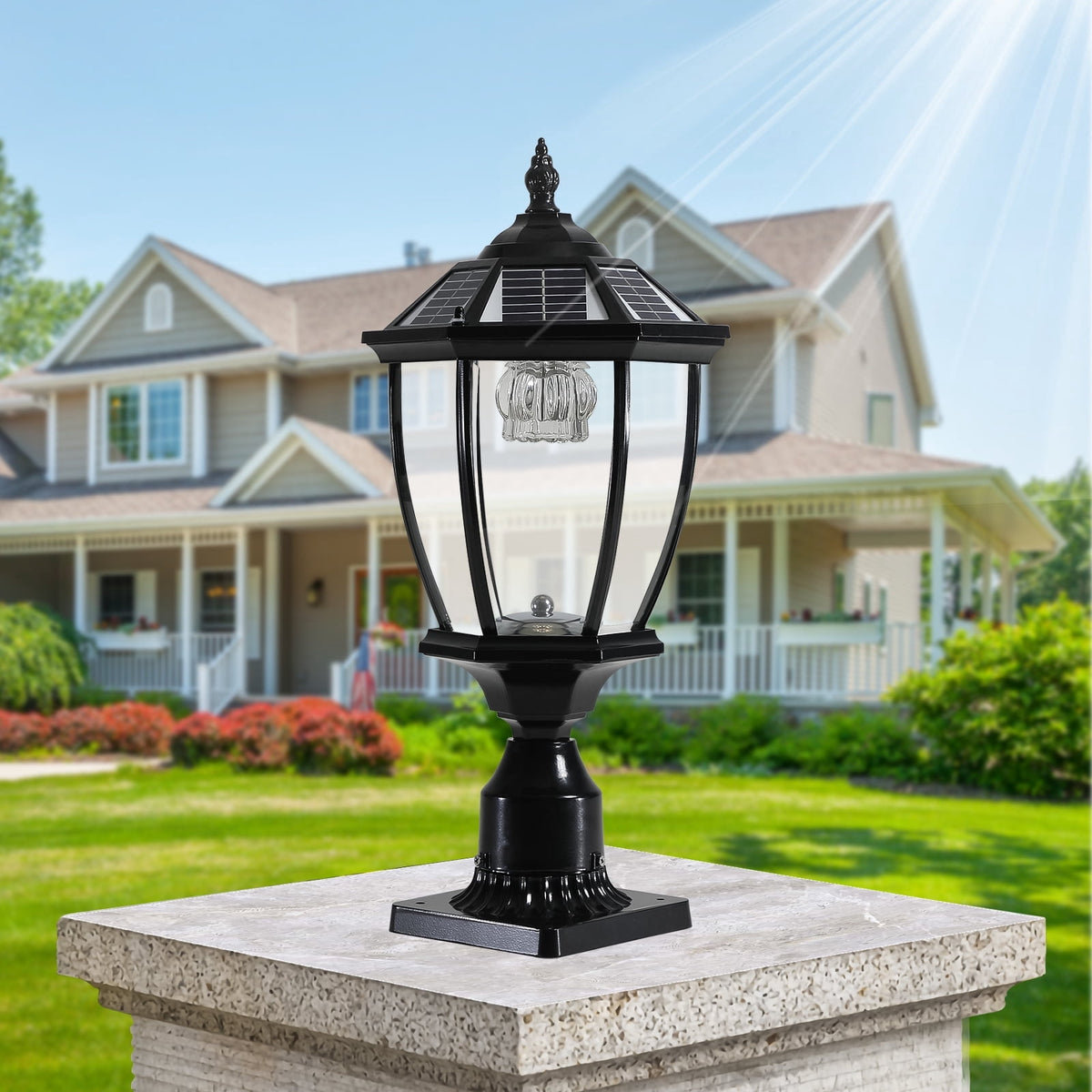 Solar Outdoor Lantern, Vintage Black Glass LED Light, 1-Pack, 20-Inch