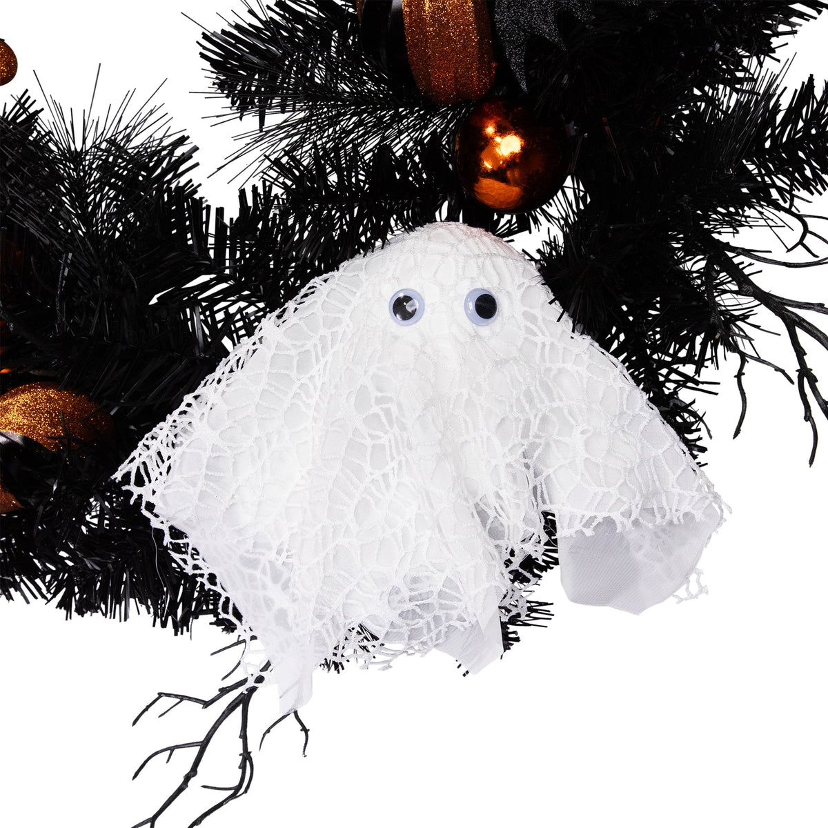 Northlight Ornaments and Ghost Halloween Twig Pine Wreath - 24" - Orange and Black - Unlit