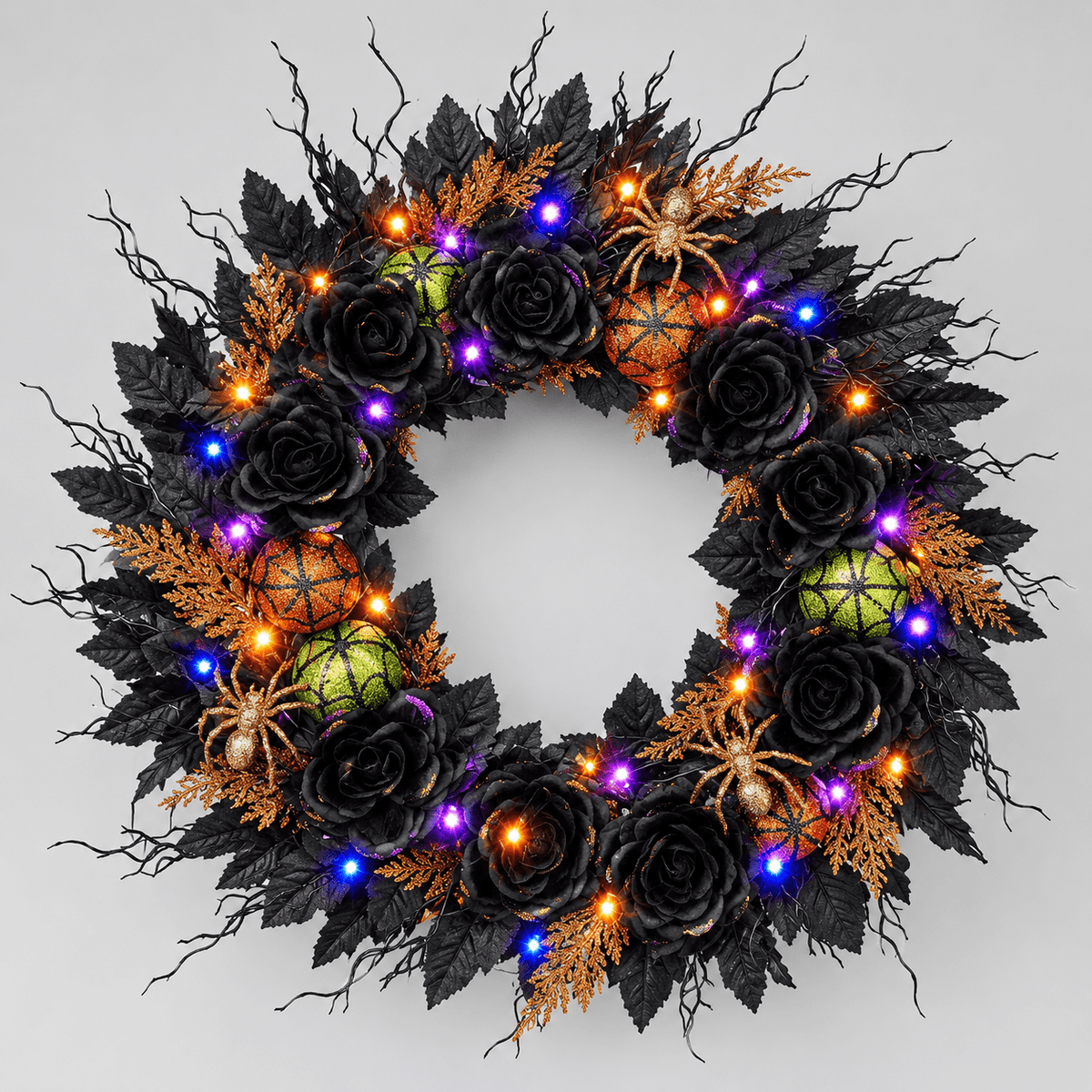 22 Inches Pre-Lit Light Up Halloween Wreath for Front Door, 60 LED Lights