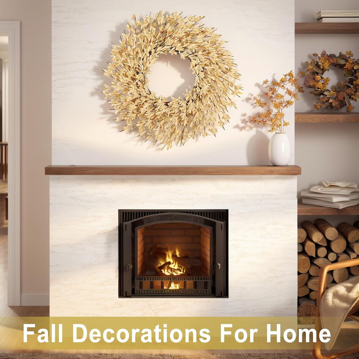 26 Inch Realistic Fall Wreaths for Front Door Outside Autumn Wreath Outdoor Indoors Fall Decorations for Home Thanksgiving Halloween Holiday Decorations Clearance for Wall Porch Door (Wheat)