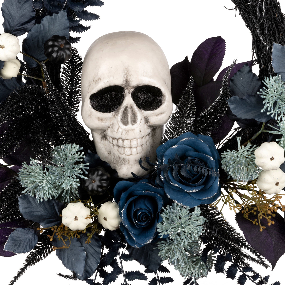 24 in. Artificial Halloween Skull Wreath, Black