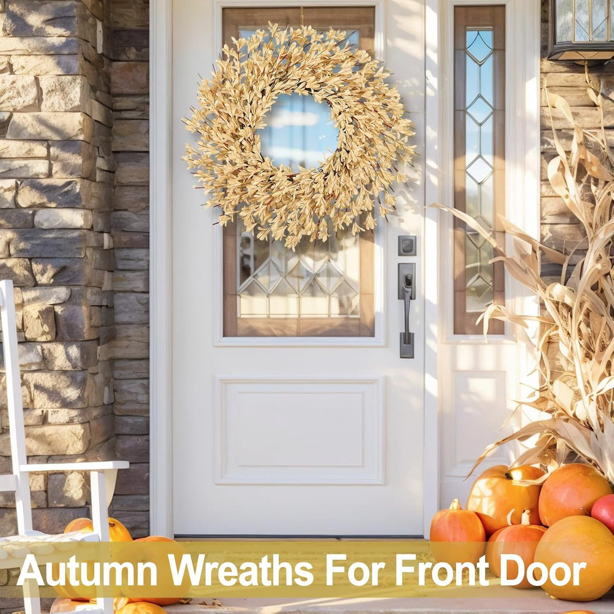 26 Inch Realistic Fall Wreaths for Front Door Outside Autumn Wreath Outdoor Indoors Fall Decorations for Home Thanksgiving Halloween Holiday Decorations Clearance for Wall Porch Door (Wheat)