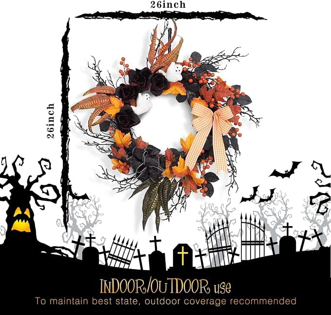 "halloween d rLinTimes Halloween Wreaths for Front Door, 26Inch Ghost Wreath with Ribbon Black Rose Maple Berries Feather for Indoor Outdoor Wall Window Front Door Porch Mantle Halloween D ration "