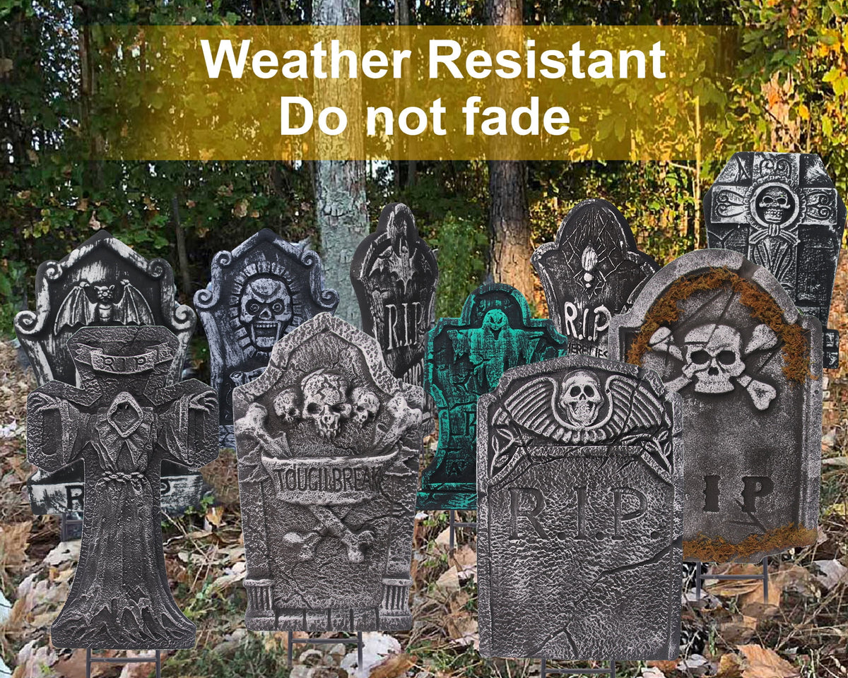 10 Pack Halloween Foam RIP Graveyard Tombstones with 35P Skeleton Bones for Halloween Party Outdoor Decorations