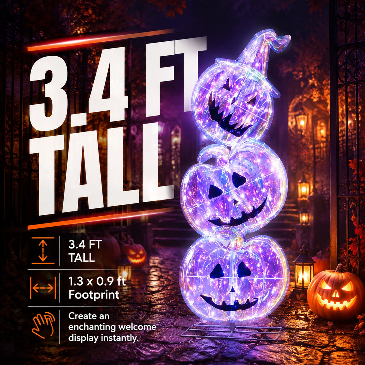 Lighted Halloween Pumpkin Stack with 150 LEDs, 3.4 ft