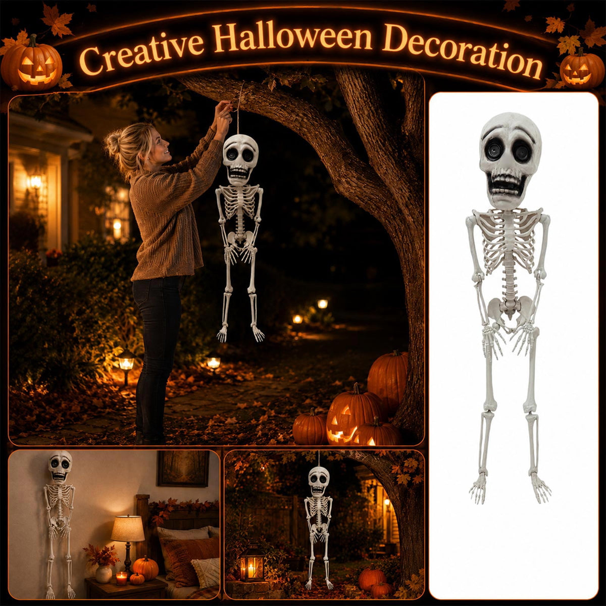 41.34 in Posable Halloween Skeleton Decoration, Plastic Hanging Skeleton with Articulated Joints and Rope for Yard, Tree, Porch, Haunted House & Indoor Decor, 1Pc