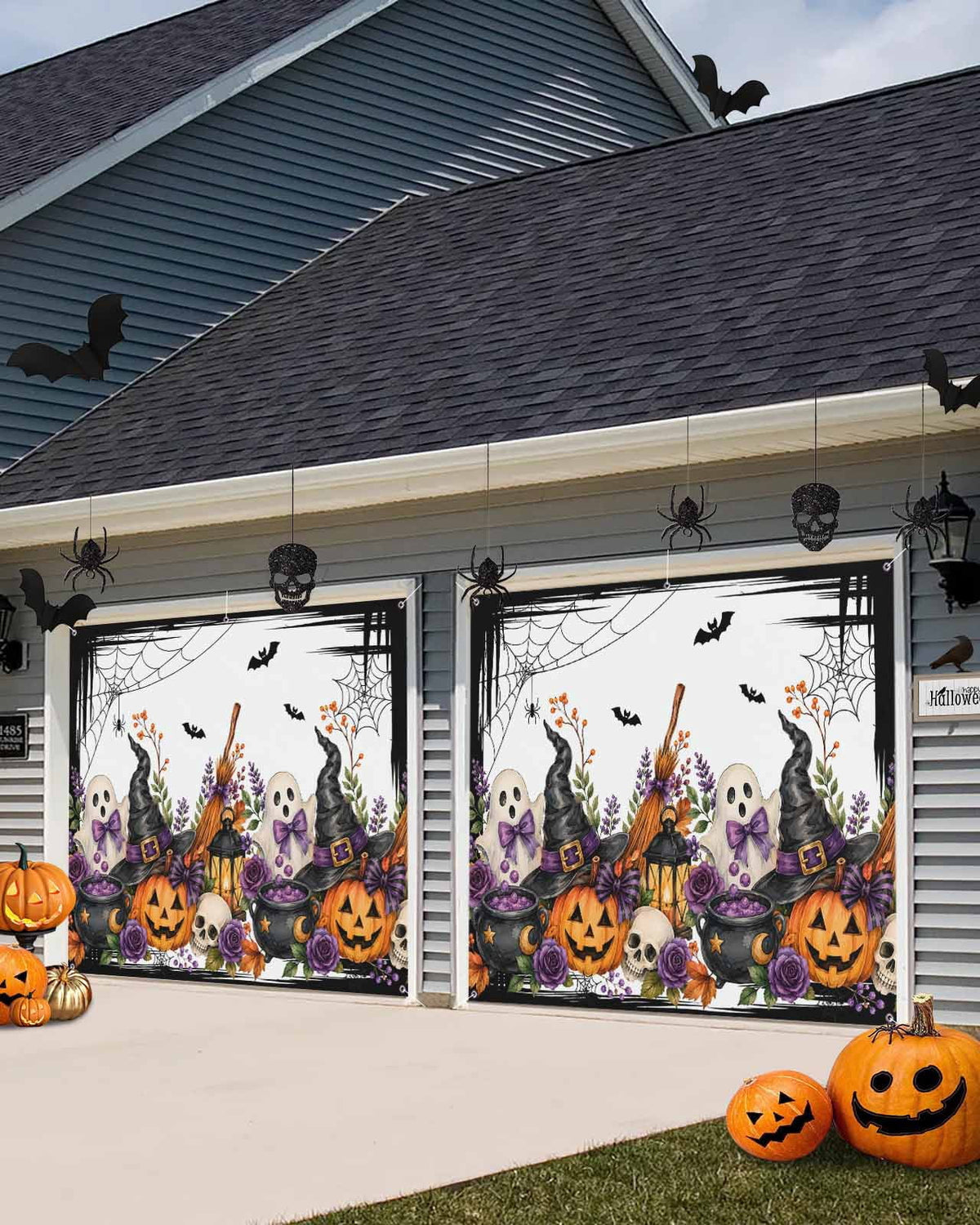 Halloween Garage Door Banner Cover 7 x 16 ft Fall Fantasy Ghosts Wizard Hats Lanterns Bubbling Potions Garage Door Decoration Hanging Garage Door Cover Backdrop Wall Decoration for Outdoor Home Party