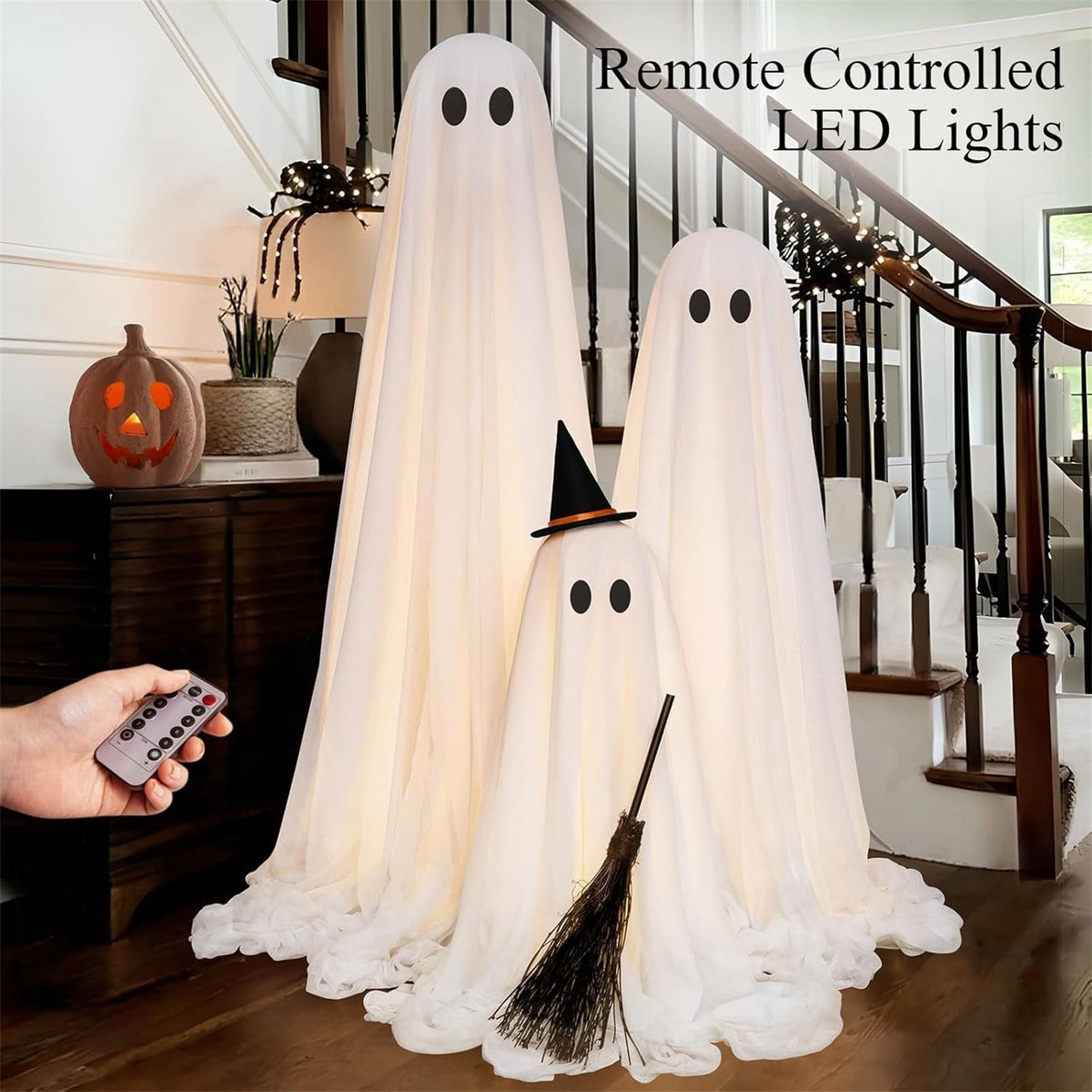 Halloween Ghost Decor, Light Up LED Ghost Decoration with Remote Control, Spooky Ghost Light for Indoor Outdoor Yard Porch Halloween Party,3PC