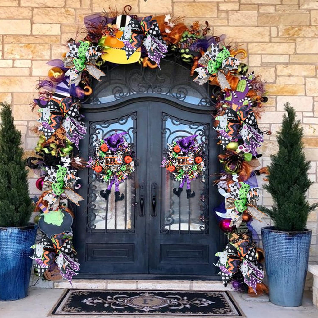 Halloween Wreath for Front Door,20 inch Whimsical mesh Wreath with Witch | Fun whimsical witch design,purple‑green‑orange palette,outdoor porch,wall & indoor decor,festive Halloween home decoration