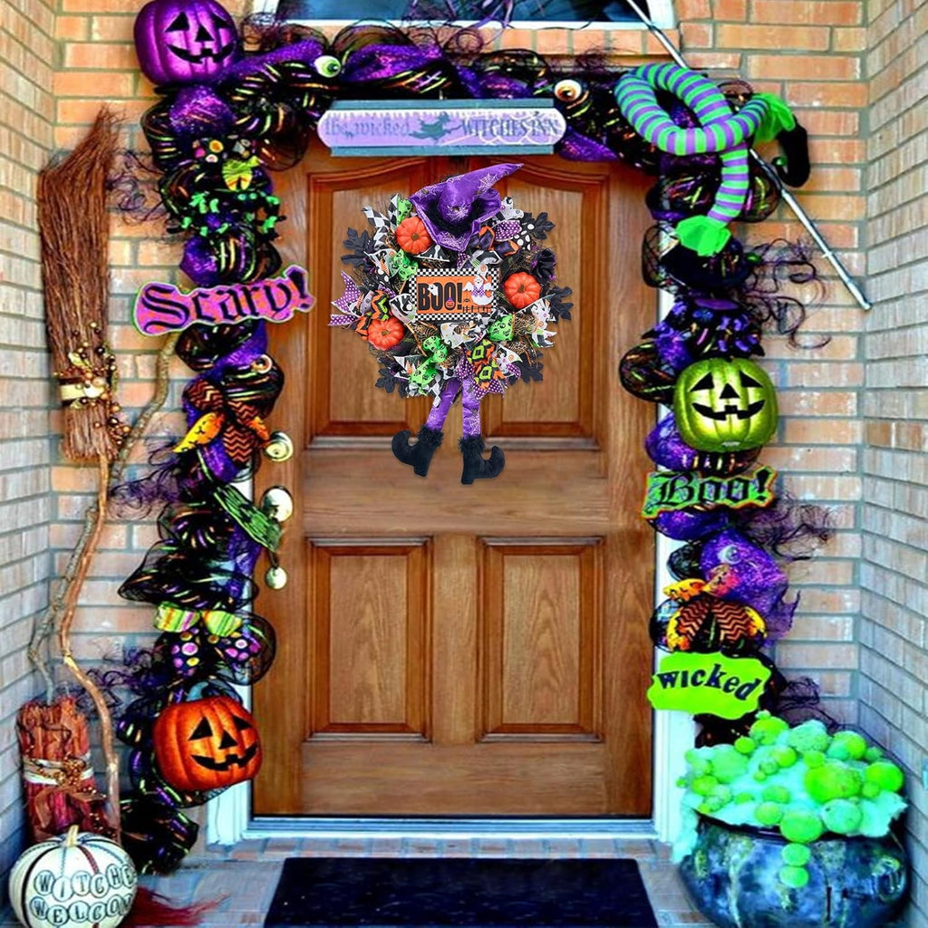 Halloween Wreath for Front Door,20 inch Whimsical mesh Wreath with Witch | Fun whimsical witch design,purple‑green‑orange palette,outdoor porch,wall & indoor decor,festive Halloween home decoration