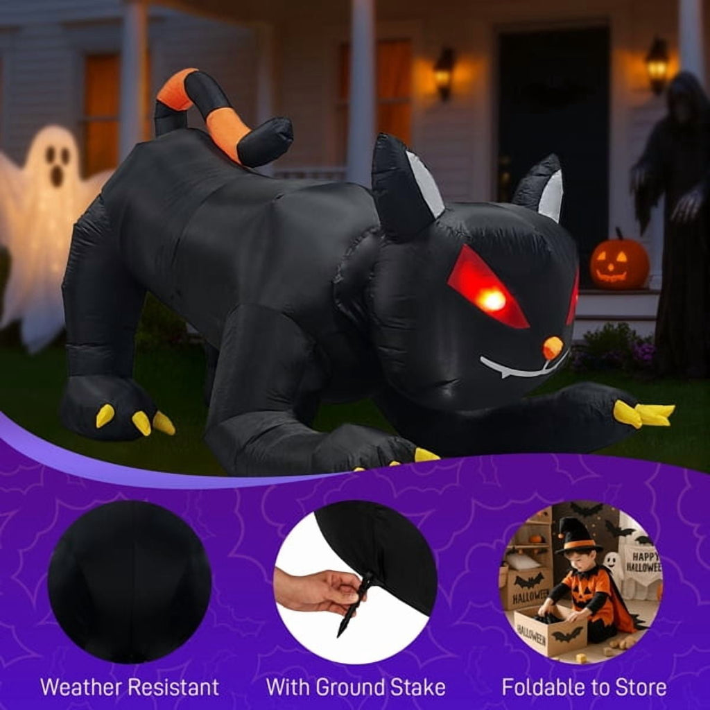 6.5FT Halloween Inflatable Animated Black Cat, Weather-Resistant Polyester, Quick Inflation with Stakes/Ropes for Yard/Patio