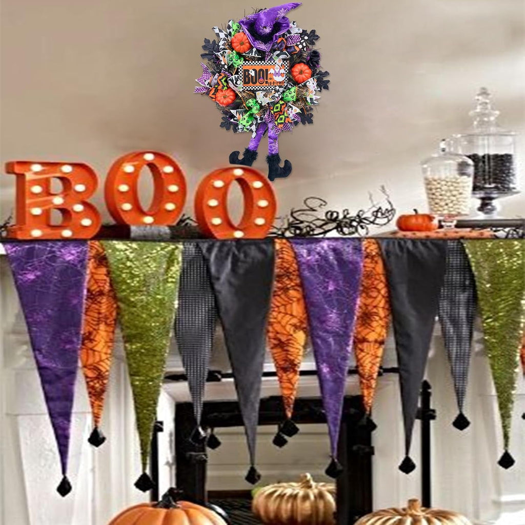Halloween Wreath for Front Door,20 inch Whimsical mesh Wreath with Witch | Fun whimsical witch design,purple‑green‑orange palette,outdoor porch,wall & indoor decor,festive Halloween home decoration