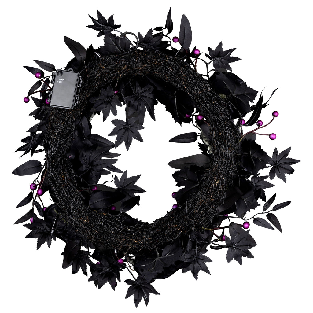24 in. Artificial Bad to the Bone Halloween Wreath, 30 Purple LED Lights, Battery Operated, Timer