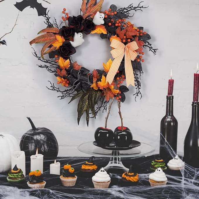 "halloween d rLinTimes Halloween Wreaths for Front Door, 26Inch Ghost Wreath with Ribbon Black Rose Maple Berries Feather for Indoor Outdoor Wall Window Front Door Porch Mantle Halloween D ration "
