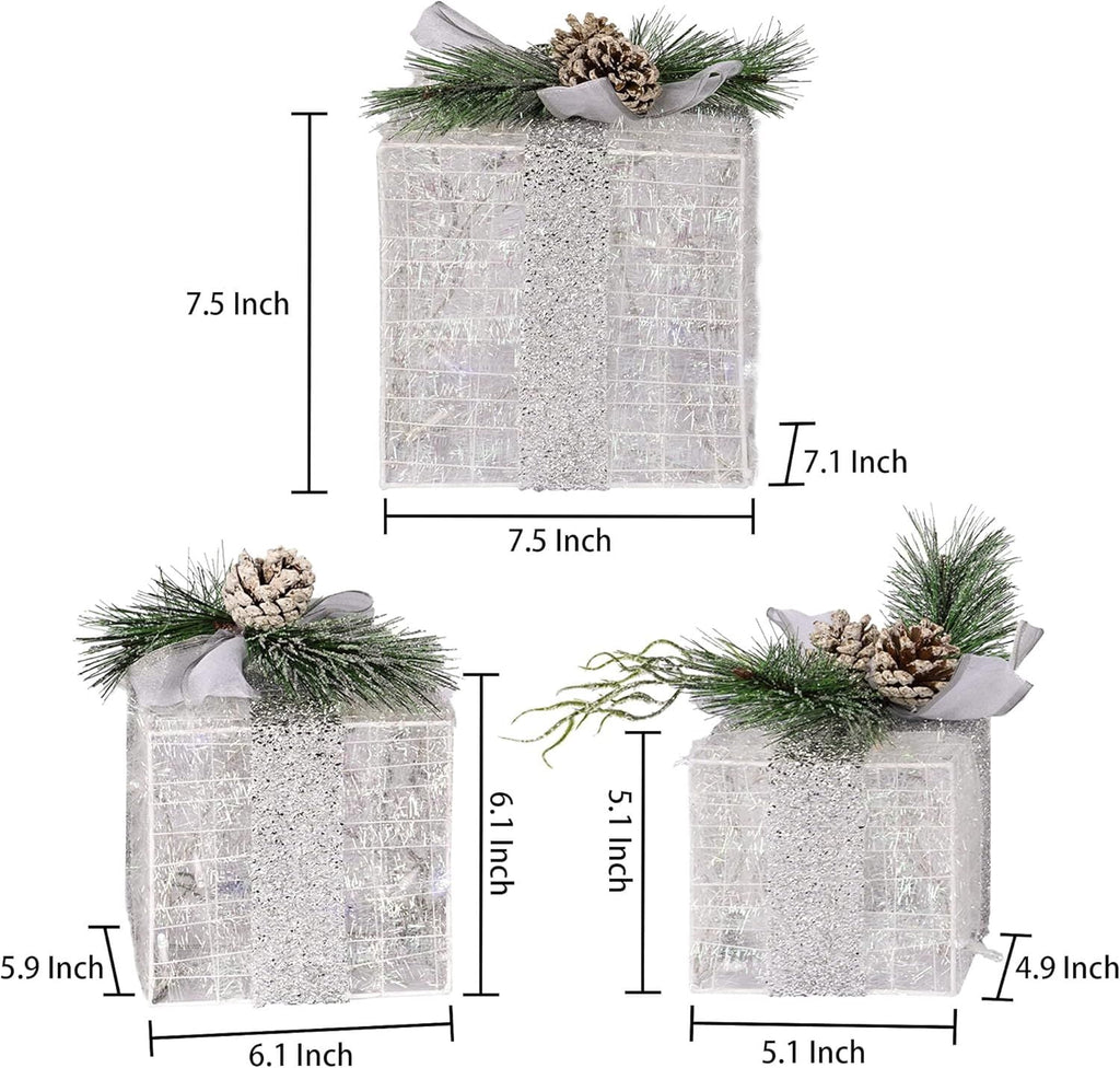 Set of 3 Christmas Lighted Gift Boxes, Pre-lit 60 LED Light Up Present Boxes Ornament Outdoor Warm White Tinsel Boxes Decoration for Indoor Christmas Home Yard Lawn Decor