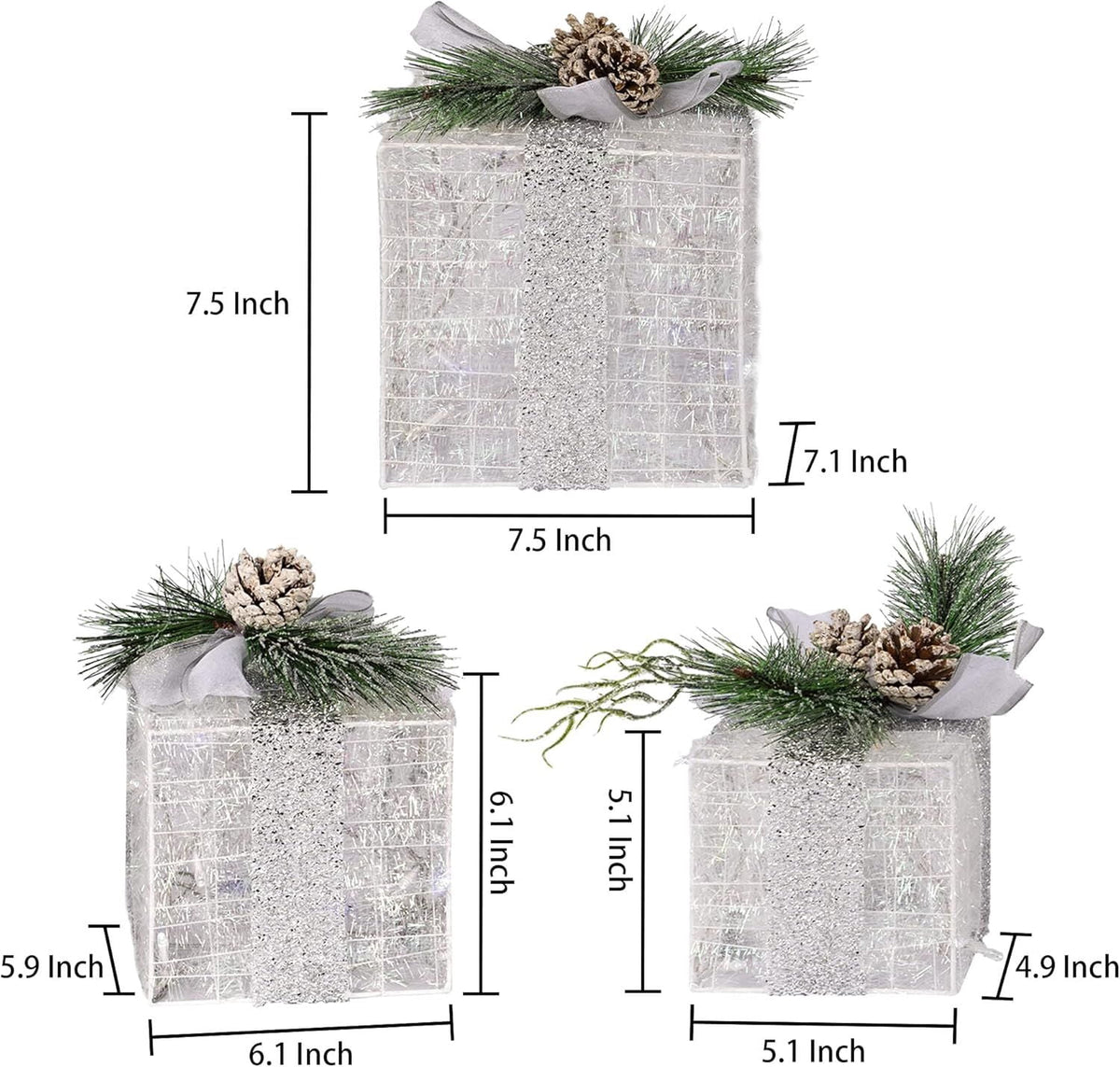 Set of 3 Christmas Lighted Gift Boxes, Pre-lit 60 LED Light Up Present Boxes Ornament Outdoor Warm White Tinsel Boxes Decoration for Indoor Christmas Home Yard Lawn Decor