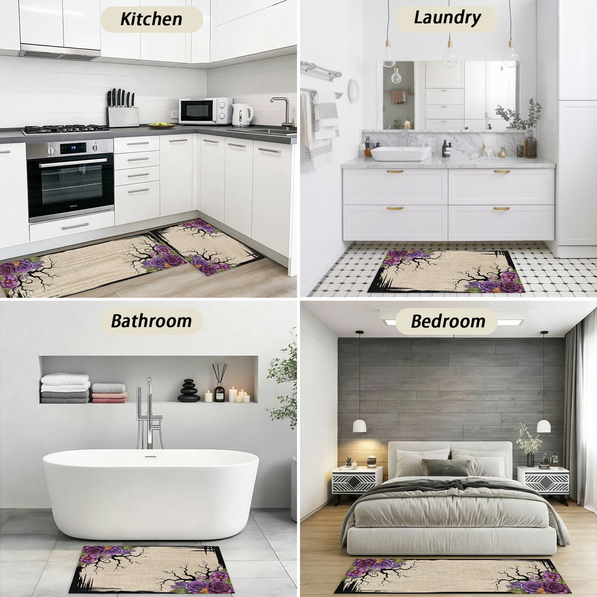 Halloween 2 Pieces Non-Slip Kitchen Mat Set, Dark Romantic Vintage Purple Rose Goth Tree Linen Texture Soft Door Mat with Rubber Backing, Dirtproof Rugs for Entrance Doorway, 19.7x31.5in+19.7x47.2in