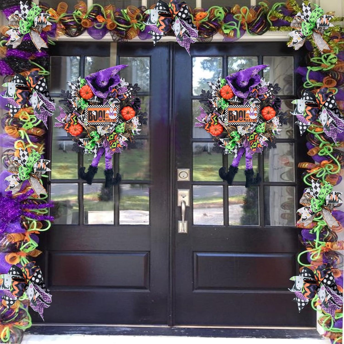 Halloween Wreath for Front Door,20 inch Whimsical mesh Wreath with Witch | Fun whimsical witch design,purple‑green‑orange palette,outdoor porch,wall & indoor decor,festive Halloween home decoration