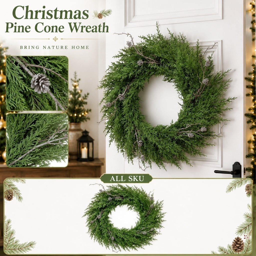 Christmas Pine Wreath, Outdoor Christmas Decorations, Xmas Door Wreath for Home, Holiday, Party, Fireplace, Mantle, Wall, Windows Decor