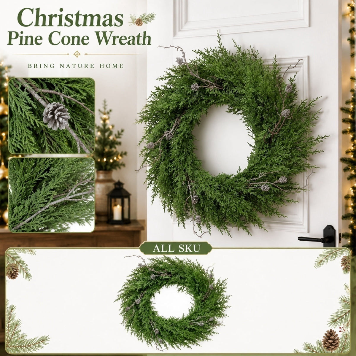 Christmas Pine Wreath, Outdoor Christmas Decorations, Xmas Door Wreath for Home, Holiday, Party, Fireplace, Mantle, Wall, Windows Decor