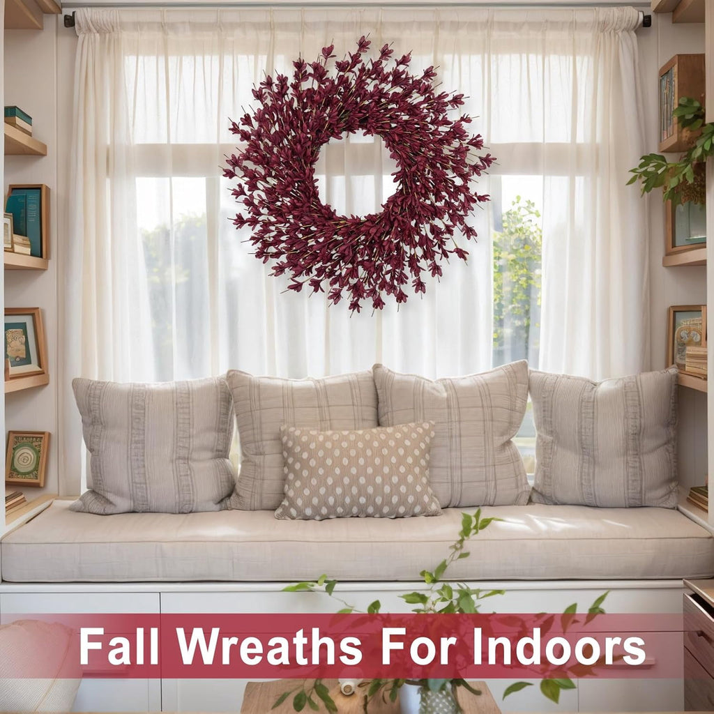 26 Inch Realistic Fall Wreaths for Front Door Outside Autumn Wreath Outdoor Indoors Fall Decorations for Home Thanksgiving Halloween Holiday Decorations Clearance for Wall Porch Door (Wine Red)