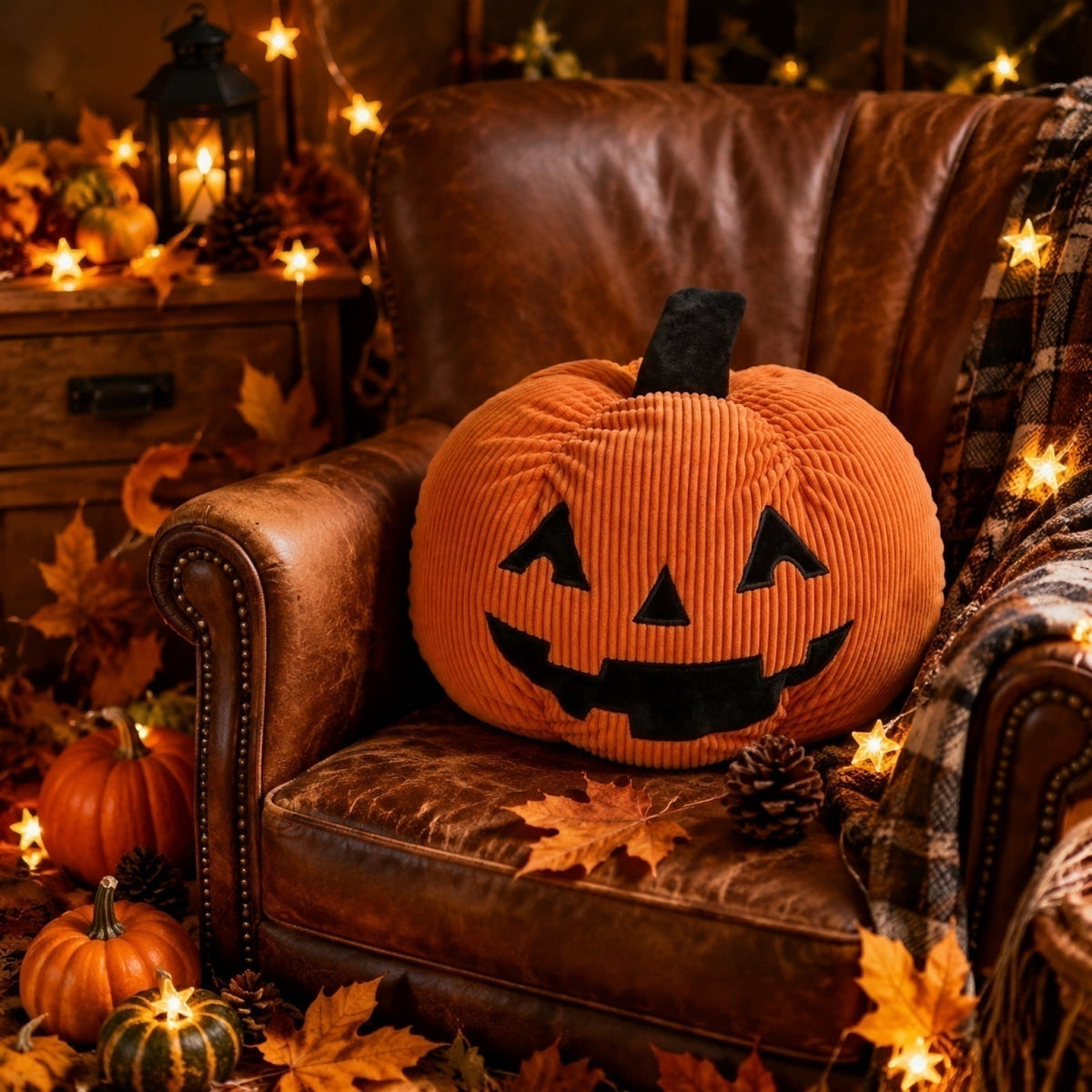 Corduroy Jack-o'-Lantern Throw Pillow, 11" Fabric Pumpkin Tabletop Mantel Shelf Fall Autumn Thanksgiving Halloween Decorations for Home, Terracotta Orange Corduroy