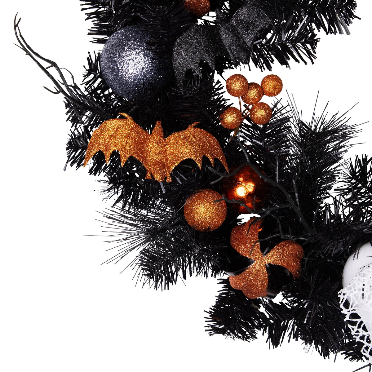 Northlight Ornaments and Ghost Halloween Twig Pine Wreath - 24" - Orange and Black - Unlit