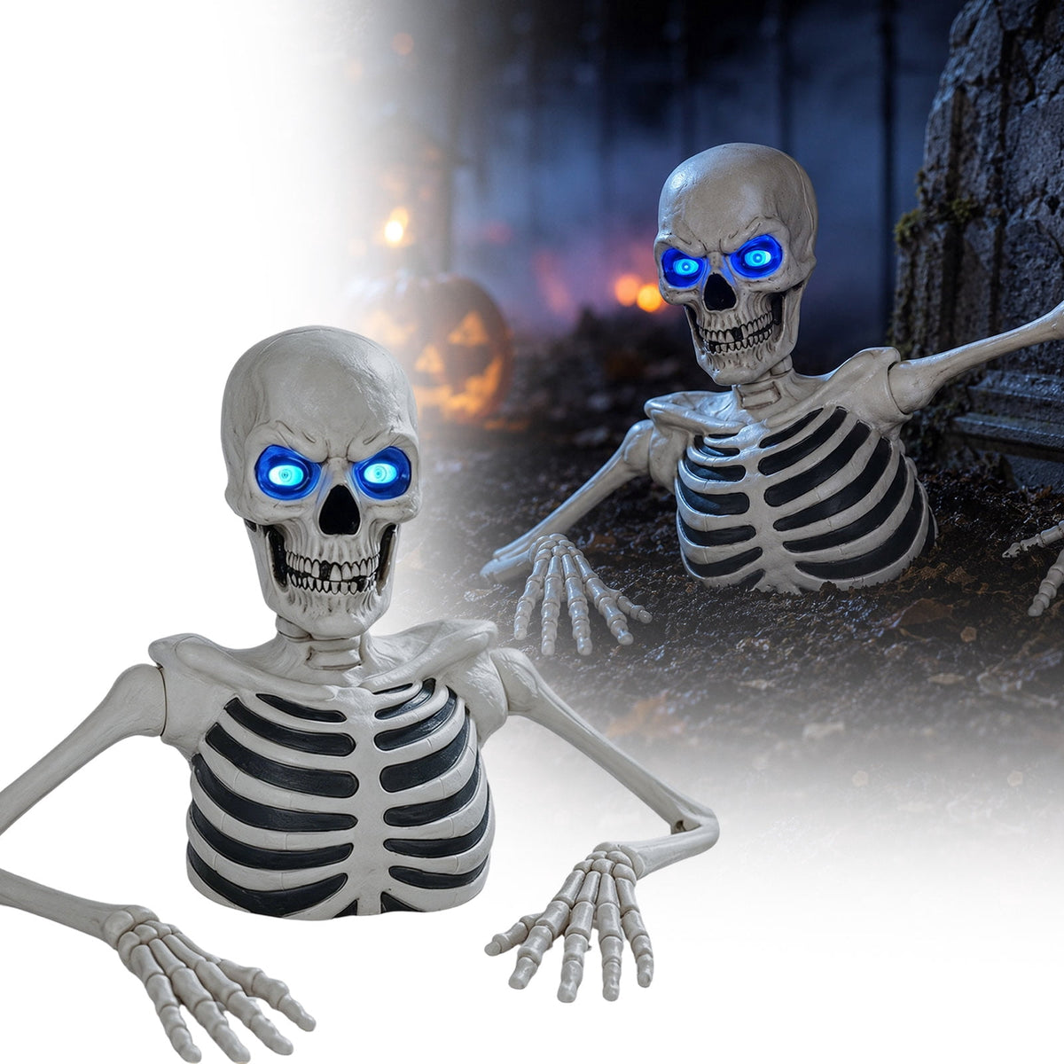 11.8in Halloween Groundbreaker Skeleton Light Up Blue Eyes Lighted Skeleton Bust Prop Outdoor Yard Graveyard Novelty Gift Decor