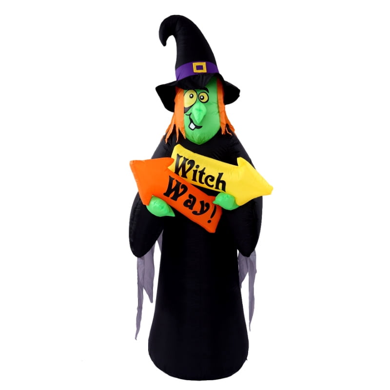 7.87 Ft Halloween Inflatable Witch Decoration with Witch Way Sign, Inflatable Yard Decor Blow Up with Build-in LEDs Lights for Haunted House Indoor Outdoor Decor,Giant Spooky Witch Decor