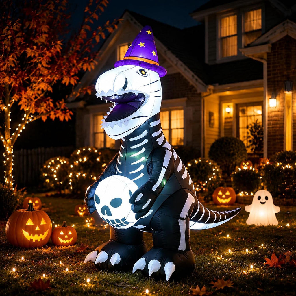 7.9 FT Halloween Inflatable Skeleton Dinosaur Outdoor Decoration, Giant Black and White Dino Yard Decor with LED Light for Lawn, Porch, Party, Haunted House Display
