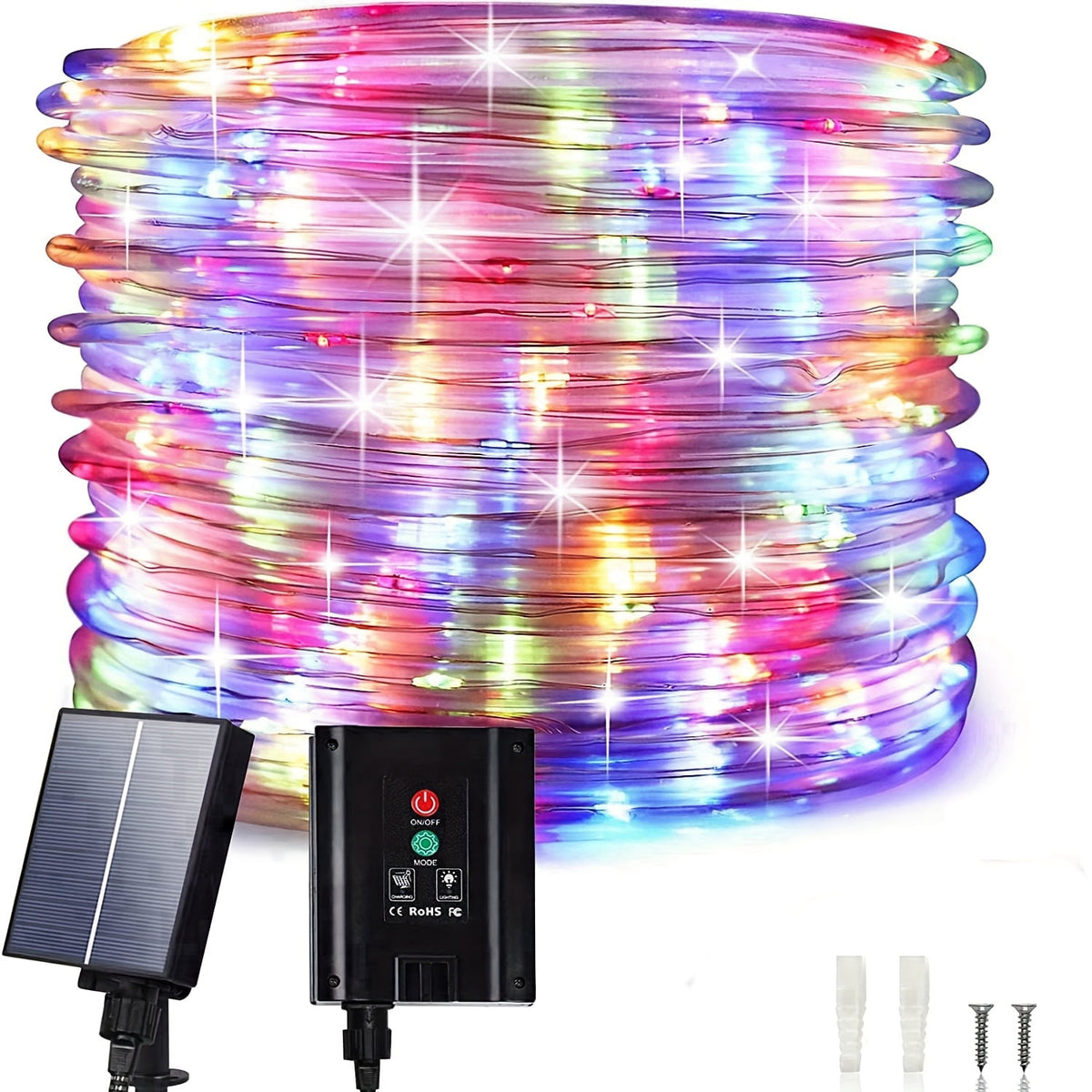 98FT 300 LED Solar Rope Lights, Multi‑Color 8 Lighting Modes, Solar Powered String Lights with 800mAh Battery & Removable Solar Panel, Outdoor Decor Light for Patio, Porch, Camping, Holiday Party