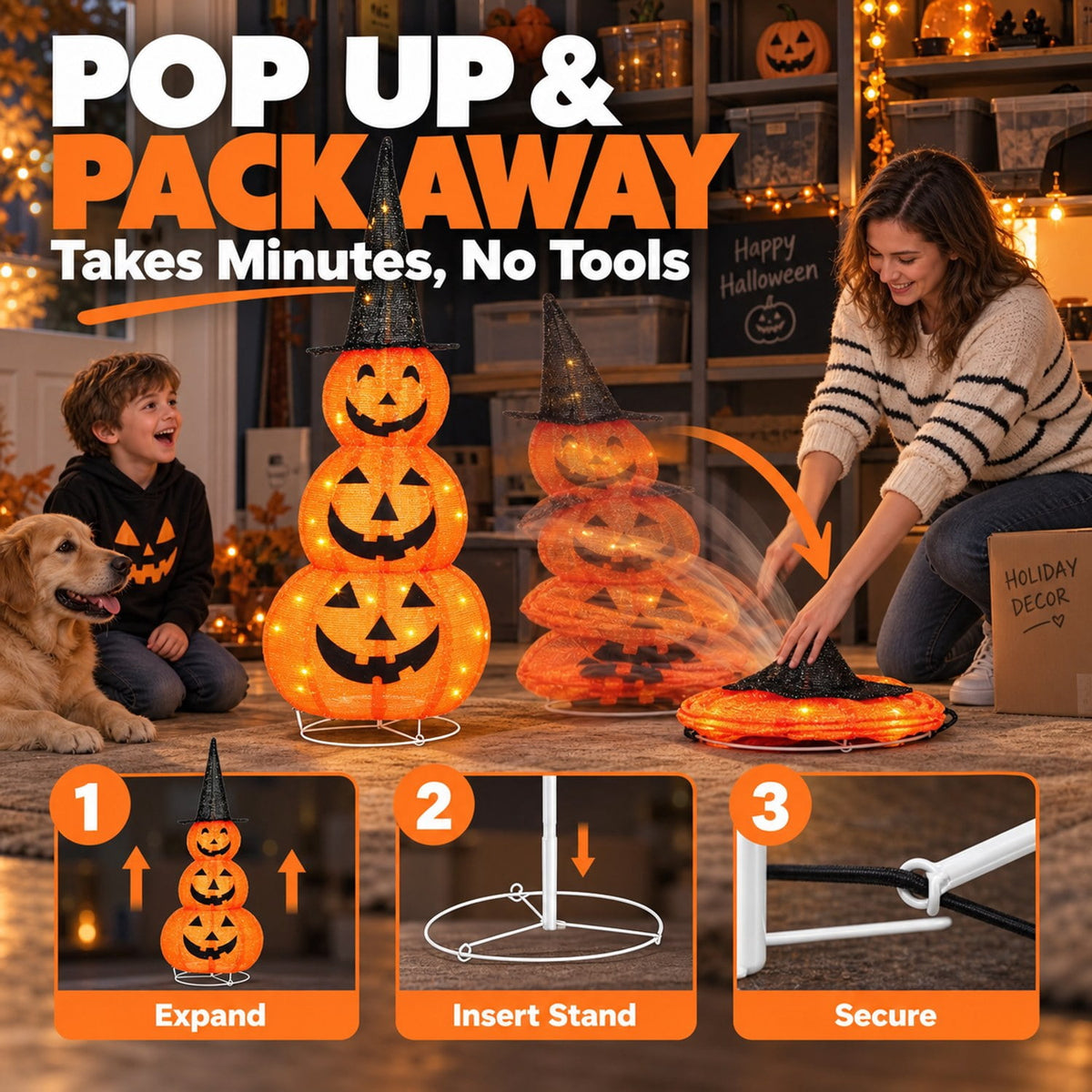 5ft Lighted Halloween Pumpkin Stack with 100 LEDs