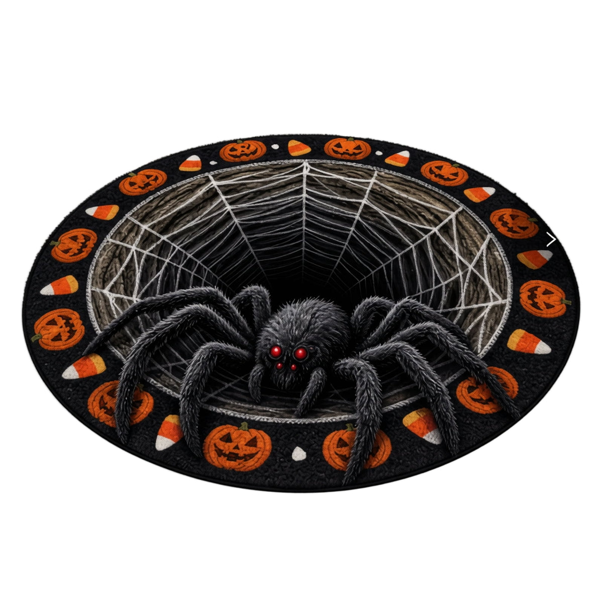 3D Halloween Spider Rug Round, Non-Slip Illusion Doormat with Pumpkin Candy Corn, Scary Web Floor Mat for Front Door Entryway Living Room Indoor Holiday Decor Party Props